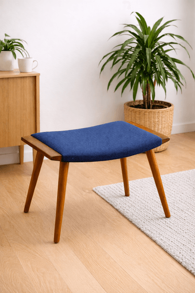 Hovedbilde Teak krakk med blått ullstoff